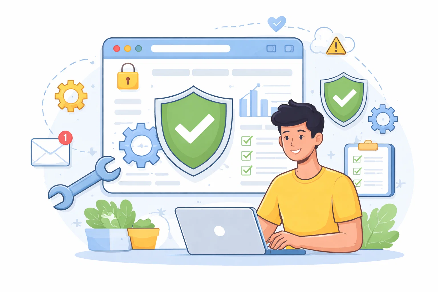 Flat illustration of ongoing website care with a calendar and maintenance checks
