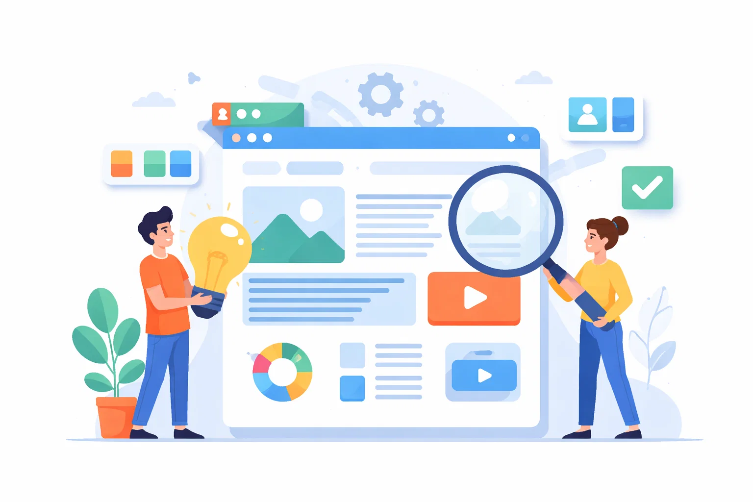 Flat illustration of a website redesign with before and after page layouts