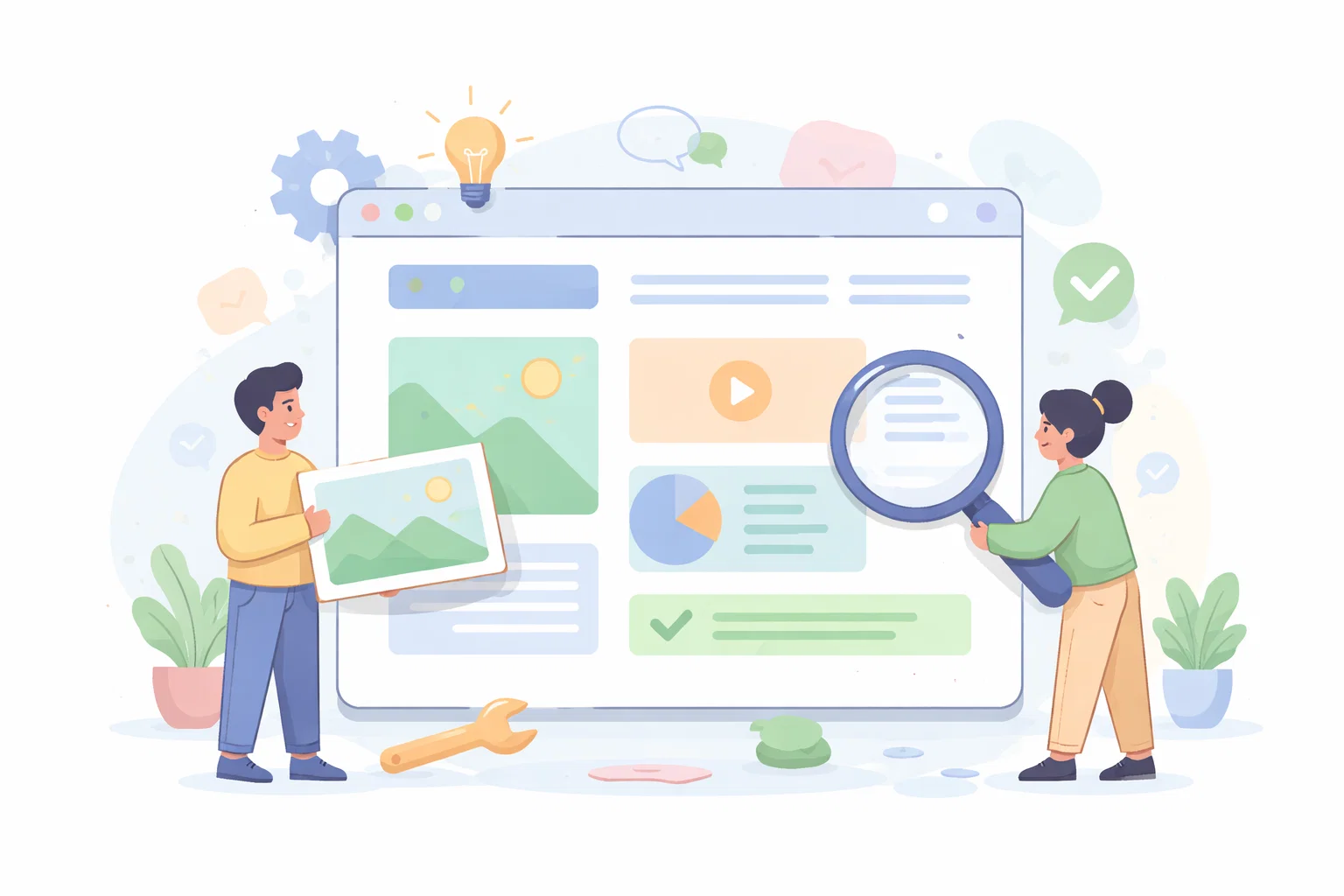Flat illustration of a website health audit with a report board and magnifier