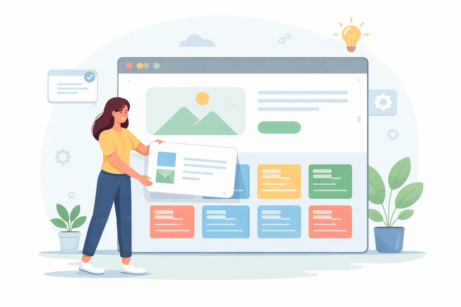 Flat illustration of a website redesign trimming clutter into a simpler page layout